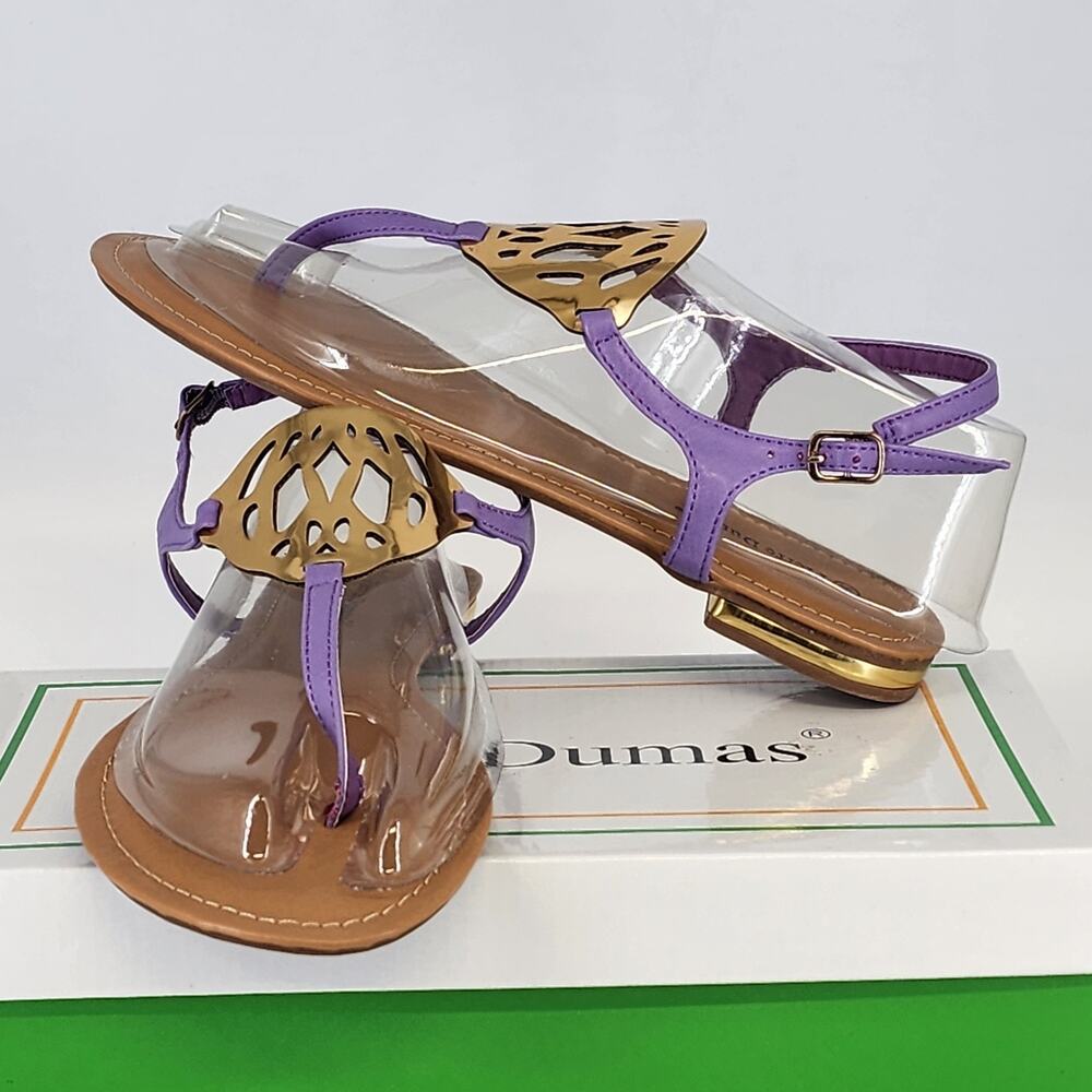 Pierre Dumas T Strap Sandals Lavender Gold Medallion Flats Women's Size 8.5